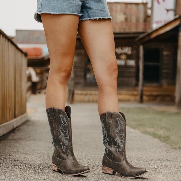 🆕Women Dark BrownFaux Leather Snip Toe Chunky Heel Embroidered Western Boot - Picture 3 of 6